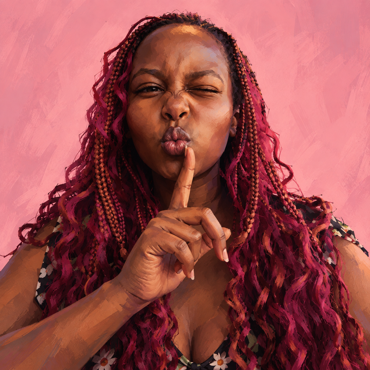 Stylized 3D portrait of Juanita with burgundy braids, winking with a finger to her lips